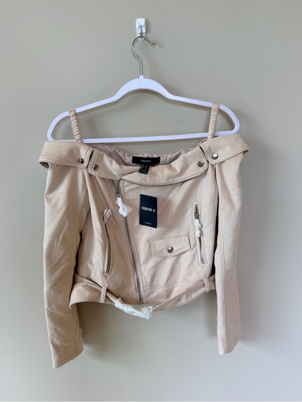 Forever 21 Off-the-Shoulder Faux Leather Moto Jacket in Taupe, Size S NWT